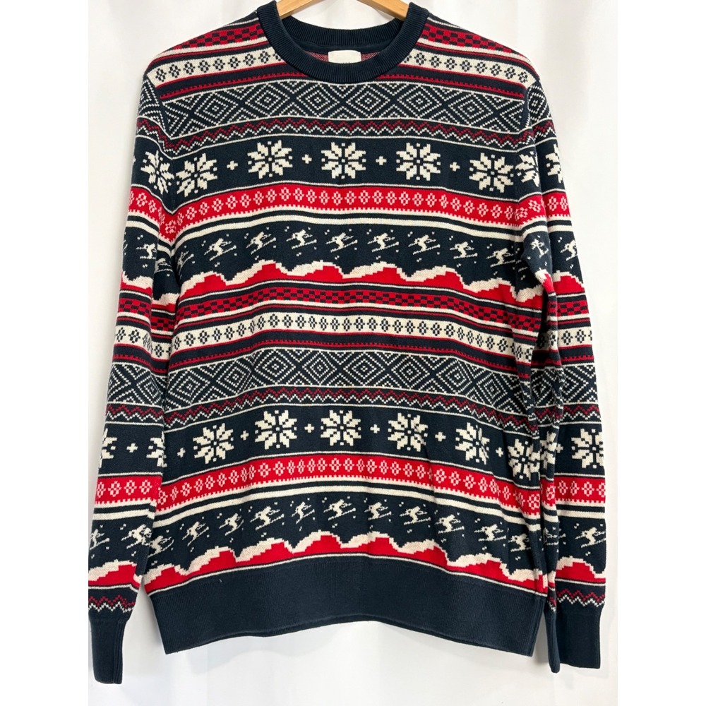 Mens Fair Isle Ski Sweater Navy Red White Snowflake Nordic Ski Cotton Large